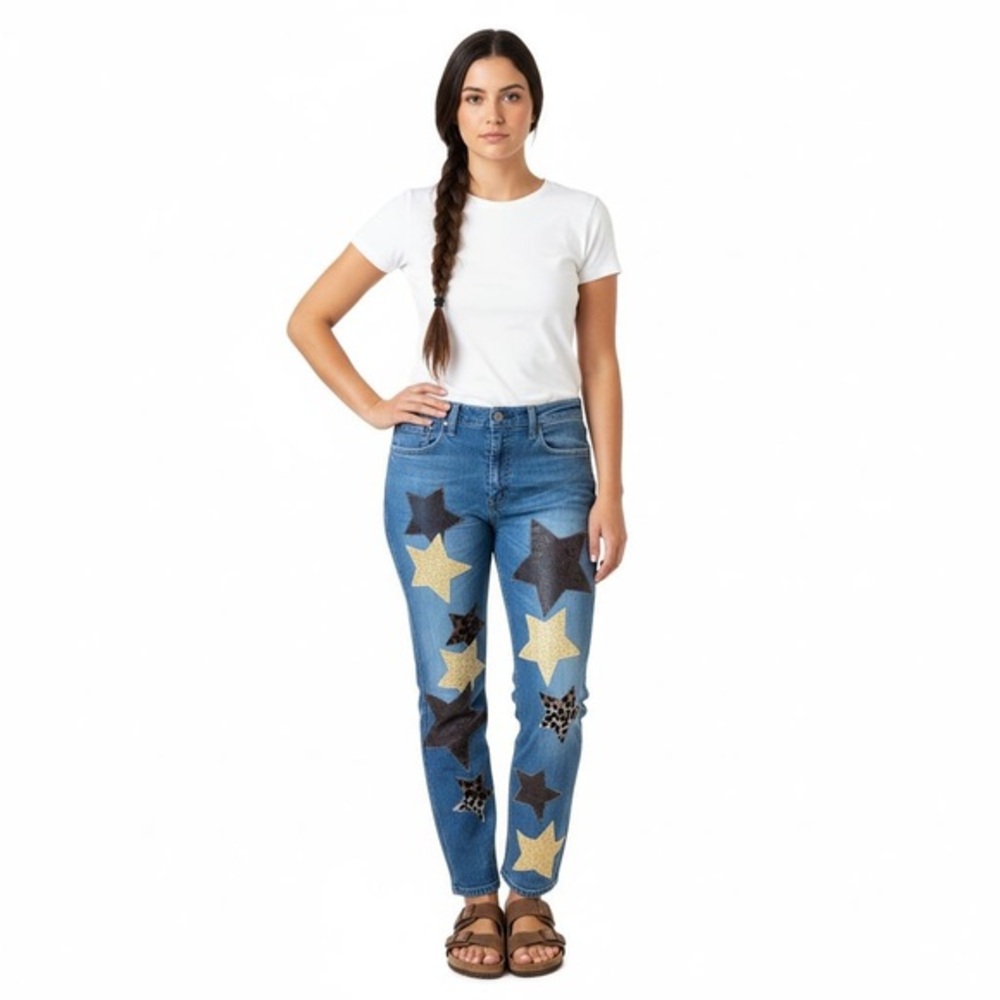 Upcycled Levi’s Star Patch Jeans Reworked Denim Cropped 34x27 Boho Festival